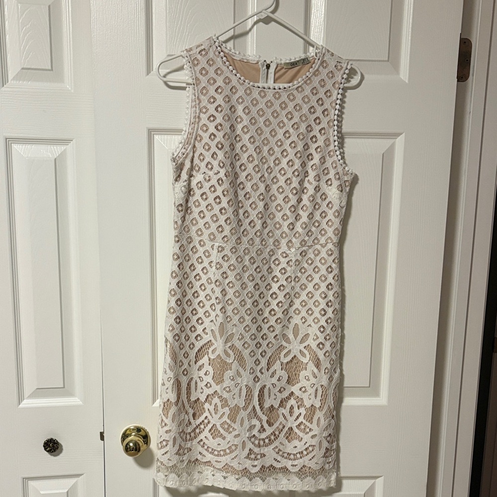 Dex White Lace Women's dress with Zipper.  Beige underneath the lace.